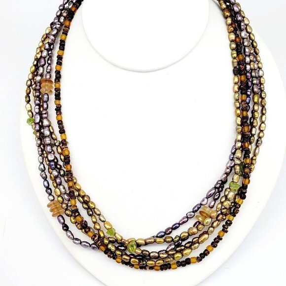 Coldwater Creek Multistrand Dyed Freshwater Pearl & Seed Bead Necklace Wood Cone - Picture 1 of 9